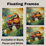 Textured Owl Pair Artwork Featuring Bright Orange Red and Blue Tones with Expressive Eyes on a Branch Against a Bold Green Yellow and Teal Abstract Background on Ready to Hang 1.5" Thick Canvas Wrap, Floating Framed Canvas, Flat Rolled Canvas