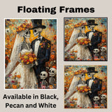 Skeleton Bride and Groom Wedding in Autumn Garden – Vibrant Día de los Muertos Style Painting on Ready to Hang 1.5" Thick Canvas Wrap, Floating Framed Canvas, Flat Rolled Canvas