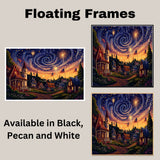 Whimsical 4th of July Village with Fireworks, American Flags, and Glowing Cottages Under a Swirling Starry Sky, Festive Celebration of Patriotism and Magic on Ready to Hang 1.5" Thick Canvas Wrap, Floating Framed Canvas, Flat Rolled Canvas