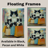 Chic Shopping Spree: Tuxedo Cat Mom Carrying Four Kittens in Paper Bags on Ready to Hang 1.5" Thick Canvas Wrap, Floating Framed Canvas, Flat Rolled Canvas