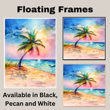 Watercolor Painting of a Multicolored Palm Tree on a Tropical Beach with Ocean Waves and Vibrant Sunset Sky on Ready to Hang 1.5" Thick Canvas Wrap, Floating Framed Canvas, Flat Rolled Canvas