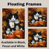 Autumn Whimsy: Tuxedo Cat Mom and Four Kittens with Pumpkin in a Fall Landscape on Ready to Hang 1.5" Thick Canvas Wrap, Floating Framed Canvas, Flat Rolled Canvas