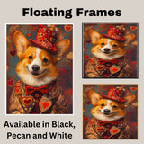 Aristocratic Love: Corgi in an Elegant European Red Dress and Hat with a Heartfelt Touch Timeless Painting on Ready to Hang 1.5" Thick Canvas Wrap, Floating Framed Canvas, Flat Rolled Canvas