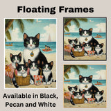 Sun-Kissed Whiskers: Tuxedo Cat Mom and Four Kittens by the Tropical Shore on Ready to Hang 1.5" Thick Canvas Wrap, Floating Framed Canvas, Flat Rolled Canvas