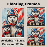 Patriotic Paws: Siberian Husky Mom with Two Puppies Under the Stars & Stripes - Proud American-Themed Painting on Ready to Hang 1.5" Thick Canvas Wrap, Floating Framed Canvas, Flat Rolled Canvas