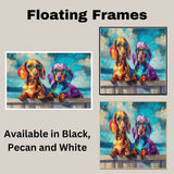 Colorful Dachshund Art Print Featuring Two Quirky Dogs in Glasses Sitting on Fence Bold Hand Painted Pop Style Pet Portrait for Unique Wall Decor or Gift on Ready to Hang 1.5" Thick Canvas Wrap, Floating Framed Canvas, Flat Rolled Canvas