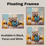 Charming Painting of Two Raccoons in Bright Pajamas Sitting on a Bed with Playful Expressions and a Soft Pastel Background Featuring Hints of Yellow and Blue on Ready to Hang 1.5" Thick Canvas Wrap, Floating Framed Canvas, Flat Rolled Canvas