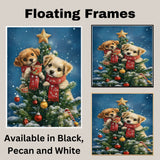 Two Baby Puppies in Red Scarves Sharing Cocoa on Christmas Tree Surrounded by Ornaments and Snowflakes Holiday Art Print for Nursery or Winter Decor on Ready to Hang 1.5" Thick Canvas Wrap, Floating Framed Canvas, Flat Rolled Canvas