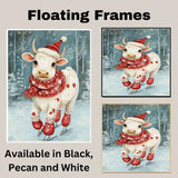 Whimsical Christmas Cow Ice Skating in Festive Scarf and Hat Cute Winter Holiday Farm Animal Art for Country Christmas Decor and Seasonal Cheer on Ready to Hang 1.5" Thick Canvas Wrap, Floating Framed Canvas, Flat Rolled Canvas