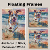 Watercolor Dog Running on Beach with Colorful Sunset and Splashing Surf in Vibrant Coastal Animal Art for Dog Lovers on Ready to Hang 1.5" Thick Canvas Wrap, Floating Framed Canvas, Flat Rolled Canvas