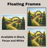 Festive Folk Art Christmas Scene with Red Houses, Rolling Hills, and Decorated Trees Under a Peaceful Winter Sky on Ready to Hang 1.5" Thick Canvas Wrap, Floating Framed Canvas, Flat Rolled Canvas