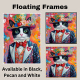 Charming Hearts: Tuxedo Cat in a Flowery Heart-Adorned Hat and Suit - Elegant Valentine's Painting on Ready to Hang 1.5" Thick Canvas Wrap, Floating Framed Canvas, Flat Rolled Canvas