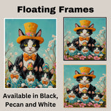 Blooming Elegance: Tuxedo Cat Mom and Three Kittens in Suits Amid Spring Flowers - Charming Seasonal Painting on Ready to Hang 1.5" Thick Canvas Wrap, Floating Framed Canvas, Flat Rolled Canvas