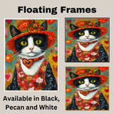 Romantic Whimsy: Tuxedo Cat in a Flowery Heart-Adorned Hat and Dress Enchanting Valentines Painting on Ready to Hang 1.5" Thick Canvas Wrap, Floating Framed Canvas, Flat Rolled Canvas