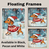 Adorable Christmas Dachshund Dog Ice Skating in Santa Hat and Festive Sweater Whimsical Holiday Art for Winter Pet Lovers and Seasonal Home Décor on Ready to Hang 1.5" Thick Canvas Wrap, Floating Framed Canvas, Flat Rolled Canvas