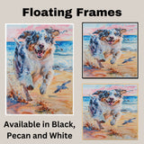 Vibrant Watercolor Painting of Fluffy Dog Running by the Ocean with Splashes and Seagulls in a Colorful Beach Scene on Ready to Hang 1.5" Thick Canvas Wrap, Floating Framed Canvas, Flat Rolled Canvas