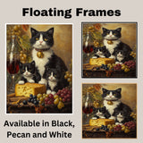 Wine & Whiskers: Tuxedo Mom and Kittens Enjoying Grapes and Cheese on Ready to Hang 1.5" Thick Canvas Wrap, Floating Framed Canvas, Flat Rolled Canvas