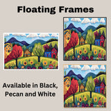 Colorful Folk Art Canvas – Bright Village Homes, Blooming Trees, and Flowers in a Mountain Landscape on Ready to Hang 1.5" Thick Canvas Wrap, Floating Framed Canvas, Flat Rolled Canvas