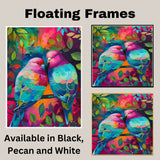 Vivid Lovebirds with Colorful Plumage on a Branch in a Bright Tropical Forest Scene on Ready to Hang 1.5" Thick Canvas Wrap, Floating Framed Canvas, Flat Rolled Canvas