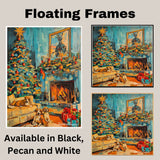 A Vintage Christmas Scene of a Living Room With Christmas Tree, Puppies & Gifts on Ready to Hang 1.5" Thick Canvas Wrap, Floating Framed Canvas, Flat Rolled Canvas