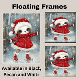 Whimsical Christmas Sloth Ice Skating Art – Red Santa Coat & Hat Winter Print, Cute Holiday Nursery Decor, Cozy Woodland Animal Illustration Wall Art on Ready to Hang 1.5" Thick Canvas Wrap, Floating Framed Canvas, Flat Rolled Canvas