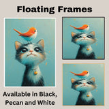 Adorable Cat with Bell and Cheerful Bird on Head Illustration Perfect for Kids Room Nursery and Animal Lovers Unique Gift Idea for Cat and Bird Enthusiasts on Ready to Hang 1.5" Thick Canvas Wrap, Floating Framed Canvas, Flat Rolled Canvas