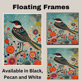 Whimsical Painting of a Colorful Bird with Dotted Feathers Standing Among Bright Abstract Flowers Ideal for Nature Lovers or Vibrant Home Accents on Ready to Hang 1.5" Thick Canvas Wrap, Floating Framed Canvas, Flat Rolled Canvas