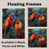 Christmas Cardinals on Pine Branch – Festive Red Birds with Ornaments in a Vibrant Winter Scene Painting Perfect for Seasonal and Nature-Inspired Displays on Ready to Hang 1.5" Thick Canvas Wrap, Floating Framed Canvas, Flat Rolled Canvas