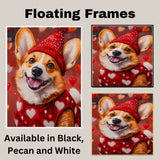 Sweetheart Charm: Corgi in a Red Heart-Adorned Top and Hat Endearing Romantic Painting on Ready to Hang 1.5" Thick Canvas Wrap, Floating Framed Canvas, Flat Rolled Canvas
