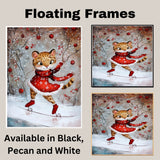 Charming Christmas Cougar Ice Skating in Red Dress Whimsical Holiday Art Featuring Playful Wild Cat in Snowy Forest for Winter Decor and Animal Lovers on Ready to Hang 1.5" Thick Canvas Wrap, Floating Framed Canvas, Flat Rolled Canvas