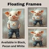 Adorable Piglet in T-Shirt and Jeans with Hands in Pockets – Whimsical Animal Portrait Illustration on Ready to Hang 1.5" Thick Canvas Wrap, Floating Framed Canvas, Flat Rolled Canvas