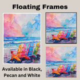 Watercolor Painting of Rainbow Beach Chairs on the Shoreline with Vibrant Ocean Waves and Pastel Sunset Sky on Ready to Hang 1.5" Thick Canvas Wrap, Floating Framed Canvas, Flat Rolled Canvas