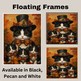 Autumn Elegance: Tuxedo Cat Mom and Three Kittens with Orange Ribbon on Ready to Hang 1.5" Thick Canvas Wrap, Floating Framed Canvas, Flat Rolled Canvas