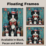 Freedom & Felines: Tuxedo Cat Mom with Three Kittens in a Patriotic Scene - Charming American-Themed Painting on Ready to Hang 1.5" Thick Canvas Wrap, Floating Framed Canvas, Flat Rolled Canvas