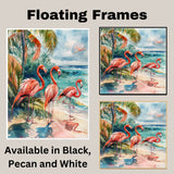 Watercolor Flamingos by Tropical Shoreline with Palm Leaves and Ocean Waves in Coastal Beach Art Print on Ready to Hang 1.5" Thick Canvas Wrap, Floating Framed Canvas, Flat Rolled Canvas