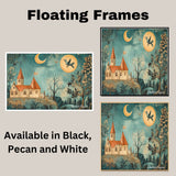 Moonlit Folk Art Dreamscape – Whimsical Church, Trees & Bird in Antique Style on Ready to Hang 1.5" Thick Canvas Wrap, Floating Framed Canvas, Flat Rolled Canvas