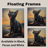 Screaming Black Cat on Rooftop Canvas Painting at Sunset – Dramatic Feline Art Reimagined on Ready to Hang 1.5" Thick Canvas Wrap, Floating Framed Canvas, Flat Rolled Canvas