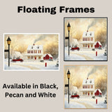 Charming Winter Painting of White Farmhouse with Red Truck, Barn, Snow-Covered Trees, and Warm Sunset Glow on Ready to Hang 1.5" Thick Canvas Wrap, Floating Framed Canvas, Flat Rolled Canvas