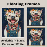 Happy White Dog Wearing Overalls and Floral Shirt Whimsical Farmhouse Art Perfect for Nursery Bedroom Living Room Dog Lover Gift Rustic Home Decor on Ready to Hang 1.5" Thick Canvas Wrap, Floating Framed Canvas, Flat Rolled Canvas