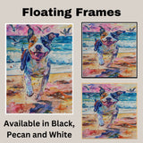 Vibrant Watercolor Dog Running on Beach with Ocean Waves and Birds in Playful Coastal Scene for Pet and Animal Art Lovers on Ready to Hang 1.5" Thick Canvas Wrap, Floating Framed Canvas, Flat Rolled Canvas