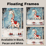 Whimsical Christmas Giraffe Ice Skating in Snowy Forest with Red Polka Dots and Festive Saddle – Unique Holiday Animal Art Perfect for Winter Decor or Gifts on Ready to Hang 1.5" Thick Canvas Wrap, Floating Framed Canvas, Flat Rolled Canvas