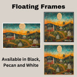 Charming Folk Art Landscape with Country Homes, Sunset Sky, Full Moon, and Flying Birds in a Rustic Americana Scene on Ready to Hang 1.5" Thick Canvas Wrap, Floating Framed Canvas, Flat Rolled Canvas