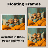Adorable Painting of Two Monkeys Snuggled Under a Blanket Holding Pillows with Big Eyes and Sweet Expressions in a Cozy Bedroom Setting on Ready to Hang 1.5" Thick Canvas Wrap, Floating Framed Canvas, Flat Rolled Canvas
