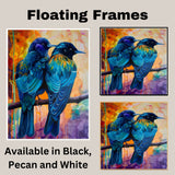 Vibrant Bird Pair Artwork Featuring Deep Blue and Teal Feathers with Hints of Gold on a Branch Against a Bold Abstract Background in Fiery Warm and Cool Tones on Ready to Hang 1.5" Thick Canvas Wrap, Floating Framed Canvas, Flat Rolled Canvas