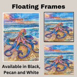 Watercolor Painting of a Colorful Octopus on Seashore with Ocean Waves and Dramatic Sky in Vibrant Coastal Sunset Scene on Ready to Hang 1.5" Thick Canvas Wrap, Floating Framed Canvas, Flat Rolled Canvas