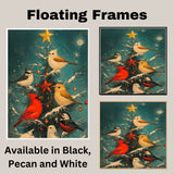 Retro Style Painting of Birds Decorating a Snowy Christmas Tree with Ornaments and a Star Perfect for Holiday Home Accents or Winter Animal Lovers on Ready to Hang 1.5" Thick Canvas Wrap, Floating Framed Canvas, Flat Rolled Canvas