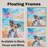 Watercolor Painting of a Multicolored Dog on the Beach – Closeup Coastal Pet Portrait Art Print on Ready to Hang 1.5" Thick Canvas Wrap, Floating Framed Canvas, Flat Rolled Canvas