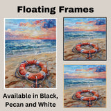 Watercolor Painting of a Life Ring and Anchor on the Beach with Ocean Waves and a Colorful Coastal Sunset Sky on Ready to Hang 1.5" Thick Canvas Wrap, Floating Framed Canvas, Flat Rolled Canvas