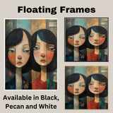 Moody Portrait of Two Girls Expressive Hand Painted Art Rustic Wood Texture Emotional and Thoughtful Wall Decor Perfect for Home Living Room or Office on Ready to Hang 1.5" Thick Canvas Wrap, Floating Framed Canvas, Flat Rolled Canvas