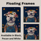Cute Plump Dog in Overalls Painting Adorable Floral Crown Pup Artwork Perfect for Cozy Home Office Nursery Dog Lovers Wall Decor Gift for Pet and Art Enthusiasts on Ready to Hang 1.5" Thick Canvas Wrap, Floating Framed Canvas, Flat Rolled Canvas